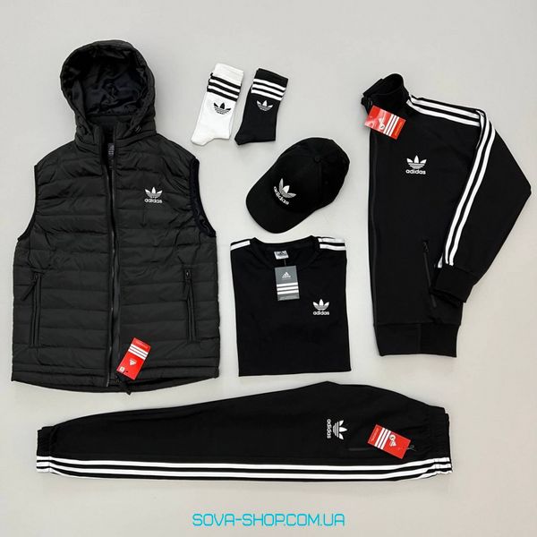 Чоловічий набір Adidas: жилетка-кофта-штани-футболка-кепка (2 пари носків у подарунок) Adidas Чорний фото