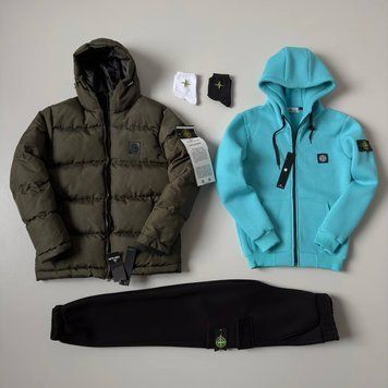 Чоловічий та жіночий набір Stone Island: 5 в 1 Куртка-зіп худі-штани-2 пари шкарпеток фото