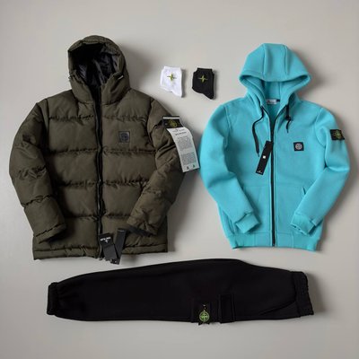 ❄️Чоловічий та жіночий набір Stone Island: 5 в 1 ☃ Куртка-зіп худі-штани-2 пари шкарпеток фото