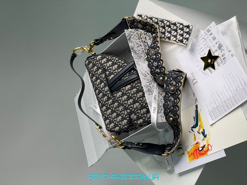 Жіноча сумка Christian Dior Saddle Bag with Strap Blue Dior Oblique Jacquard Premium фото