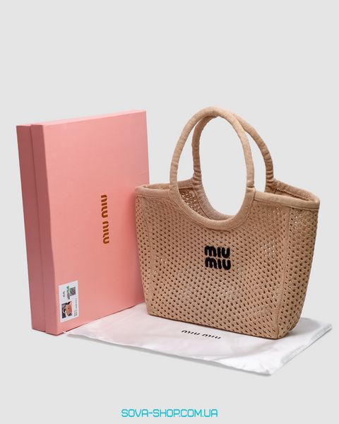 Жіноча сумка Miu Miu Raffia And Linen Tote Bag Beige Premium фото