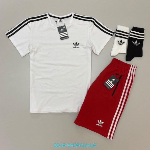 Мужской набор: футболка-шорты + носки 2 пары В ПОДАРОК! Adidas белый, красный фото