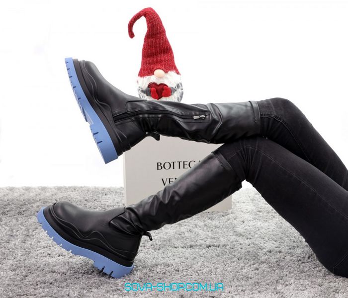 Зимові жіночі черевики з хутром Bottega Veneta High Black Blue 13052 фото