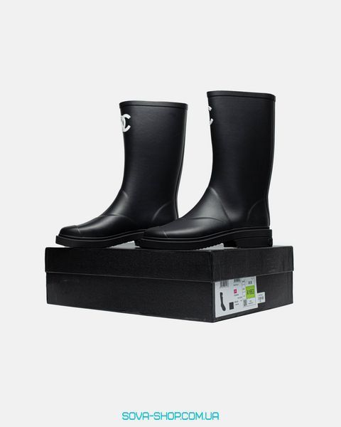 Жіночі ботинки (Натуральна шкіра) Chanel Black Knee High Rain Boot PREMIUM фото