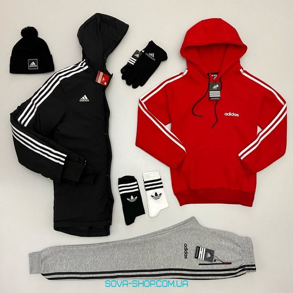 Чоловічий набір 7 в 1 ЗИМА: куртка-худі-штани-шапка-перчатки-носки 2 пари Adidas чорний и червоний и сірий фото