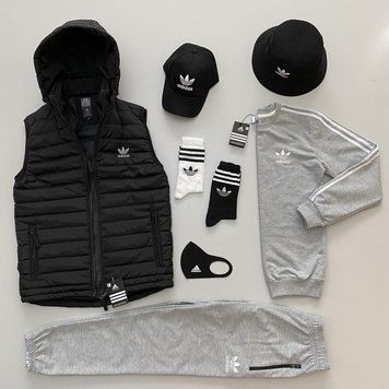 Чоловічий набір 7в1 Adidas: жилетка-світшот-штани-кепка/панама-маска-носки 2 пари Adidas чорно-сірий (кепка або панама на вибір!!!) (Украина) фото