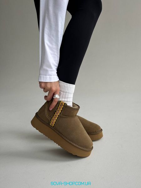 Женские зимние ботинки Ugg Ultra Mini Braid Platform Boot Olive Premium фото