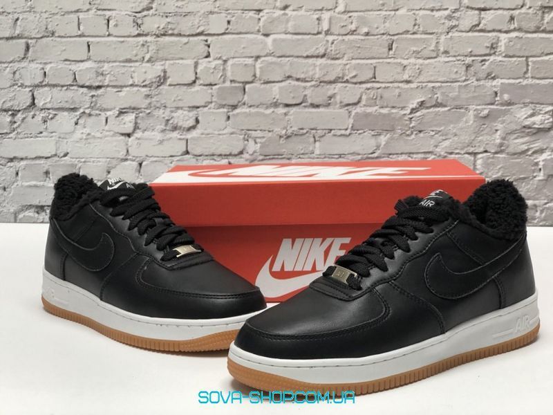 Зимові чоловічі кросівки Black White Gum шкіра "З ХУТРОМ" Nike Air Force 1 фото
