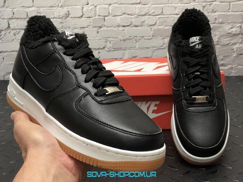 Зимові чоловічі кросівки Black White Gum шкіра "З ХУТРОМ" Nike Air Force 1 фото
