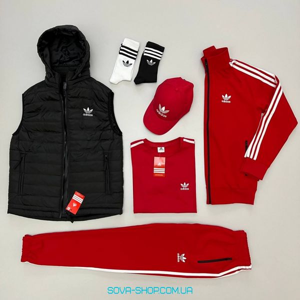 Чоловічий набір Adidas: жилетка-кофта-штани-футболка-кепка (2 пари носків у подарунок) Adidas Червоний фото