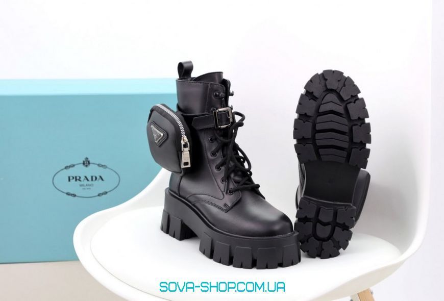 Зимние женские ботинки (натуральная кожа) С МЕХОМ! PRADA Milano Monolith All Black Premium фото