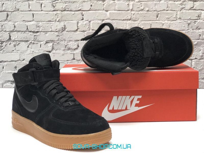 Зимние мужские кроссовки Black Gum "С МЕХОМ" Nike Air Force 1 фото