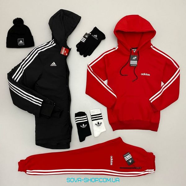 Чоловічий набір 7 в 1 ЗИМА: куртка-худі-штани-шапка-перчатки-носки 2 пари Adidas чорний и червоний фото