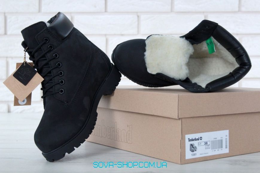 Зимові чоловічі та жіночі ботинки (Вовняне хутро) Timberland CLASSIC PREMIUM NUBUCK WATERPROOF ALL BLACK фото