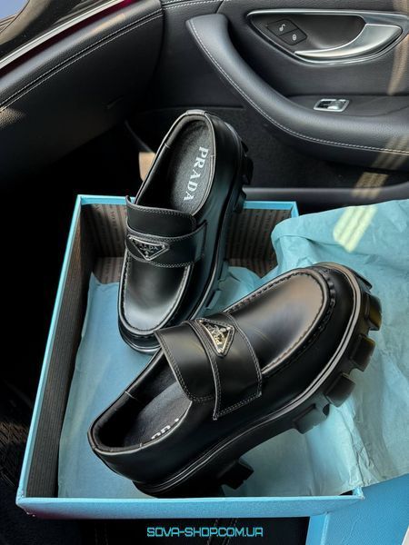 Женские лоферы Prada Platform Leather Black Loafers Premium фото