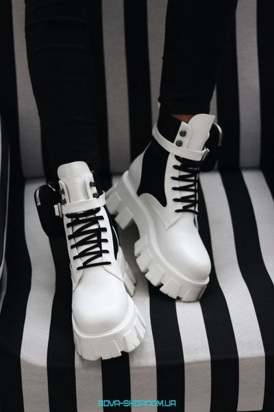 Зимние женские ботинки (натуральная кожа) PRADA Milano Monolith White Black Premium фото