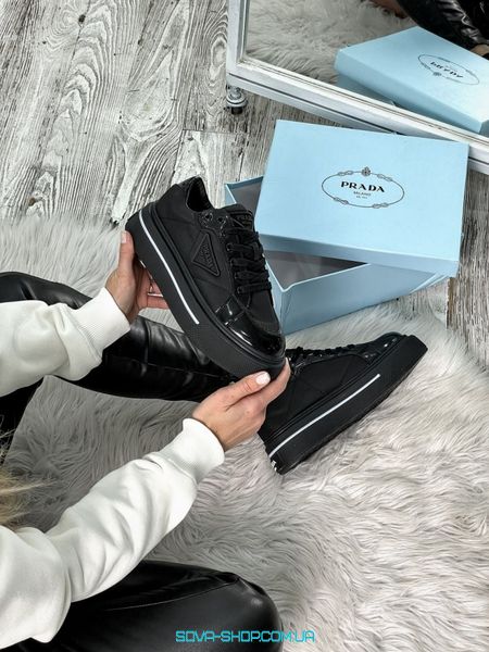 Кросівки жіночі PRADA Macro Re-Nylon Brushed Leather Sneakers Black фото