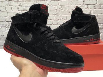 Зимові чоловічі кросівки All Black Red "З ХУТРОМ" Nike Air Force 1 фото