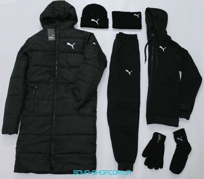 ❄️Чоловічий набір Puma: 6 в 1 ☃️Парка + Спортивний костюм + шапка + бафф + рукавички + шкарпетки (Чорний) фото