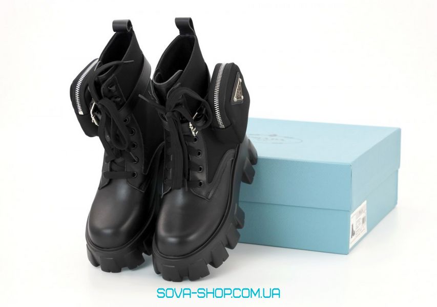 Зимові жіночі ботинки (Натуральна шкіра) PRADA Milano Monolith Black Premium фото