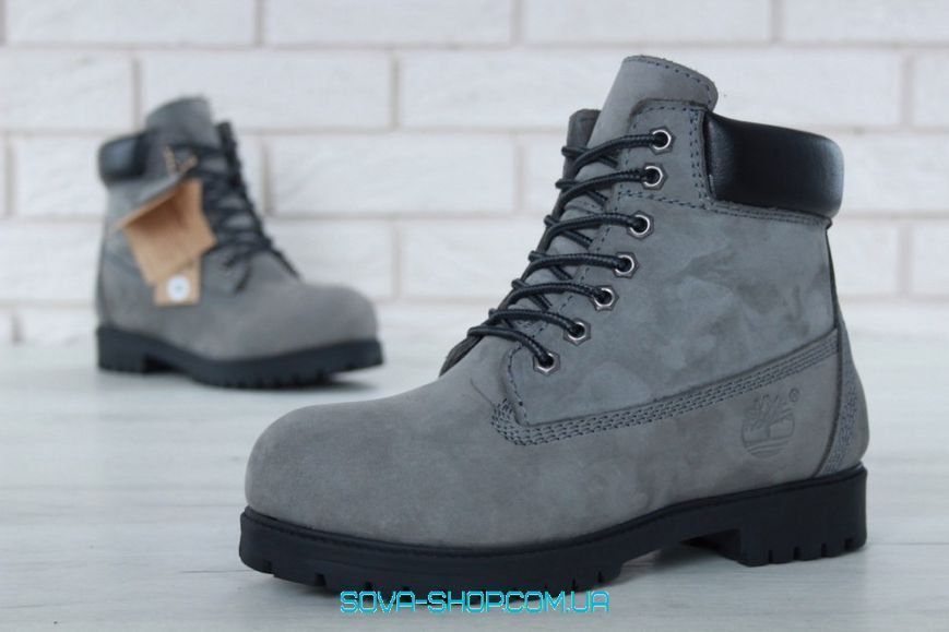 Зимові чоловічі та жіночі ботинки (Натуральне хутро) Timberland CLASSIC PREMIUM NUBUCK WATERPROOF GREY/BLACK фото