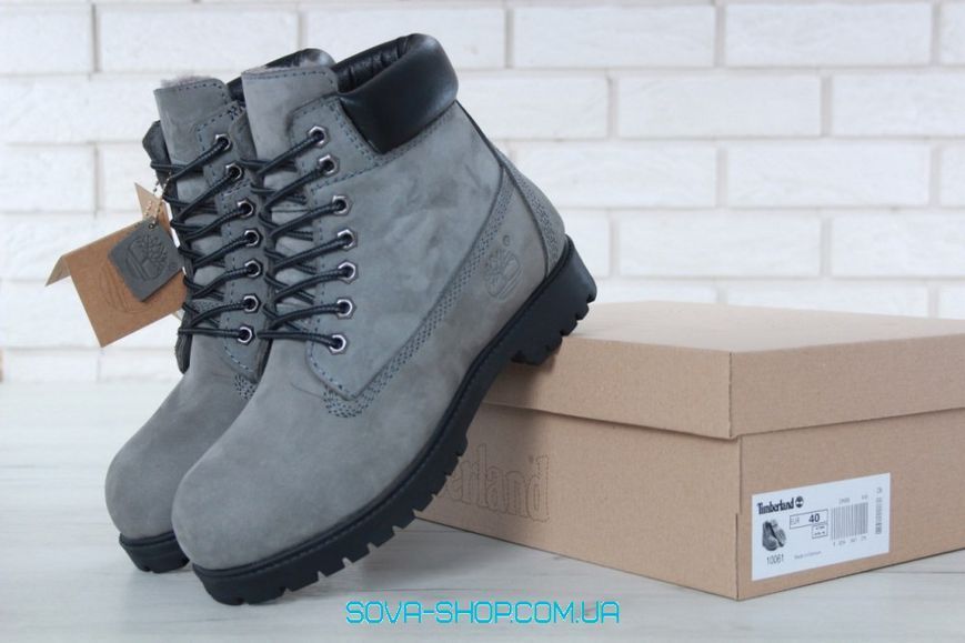 Зимові чоловічі та жіночі ботинки (Натуральне хутро) Timberland CLASSIC PREMIUM NUBUCK WATERPROOF GREY/BLACK фото