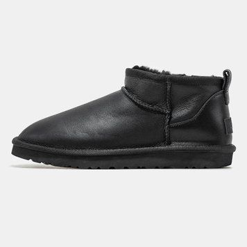Женские и мужские зимние ботинки UGG Classic Ultra Mini Black Leather Premium фото