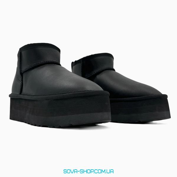 Женские зимние ботинки UGG Classic Ultra Mini Platform XL Black Leather PREMIUM фото