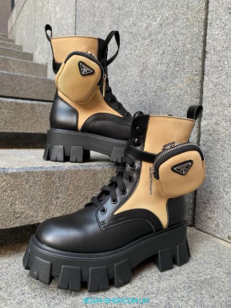 Женские ботинки (натуральная кожа) Prada Boots Zip Pocket Black/Nude PREMIUM фото