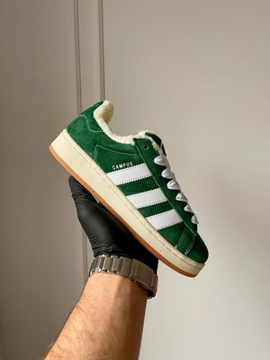 Жіночі зимові кросівки Adidas Campus Black ‘Green’ 00s з хутром фото