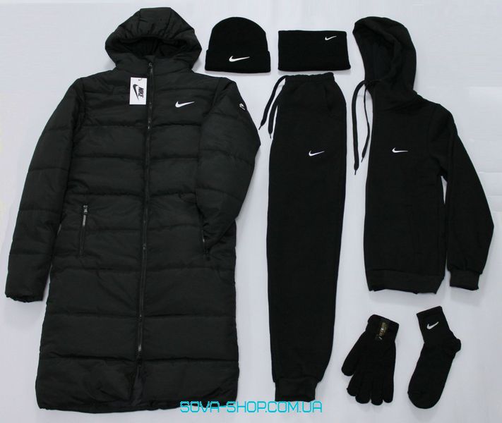 ❄️Чоловічий набір Nike: 6 в 1 ☃️Парка + Спортивний костюм + шапка + бафф + рукавички + шкарпетки (Чорний) фото