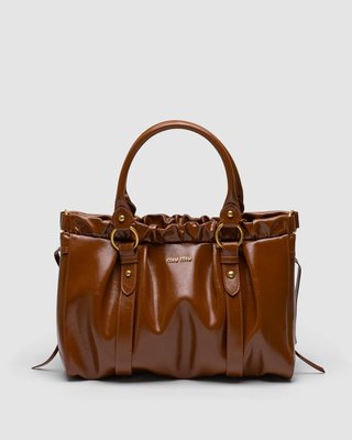 Жіноча сумка Miu Miu Brown Vitello Lux Leather Gathered Tote Premium фото