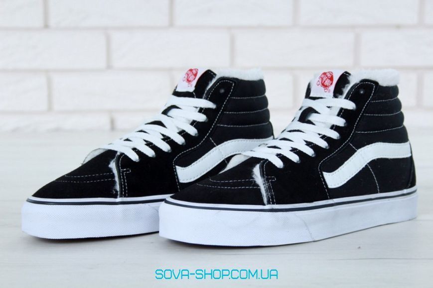 Зимові чоловічі та жіночі кеди З ХУТРОМ V a n s SK-8 Black White фото