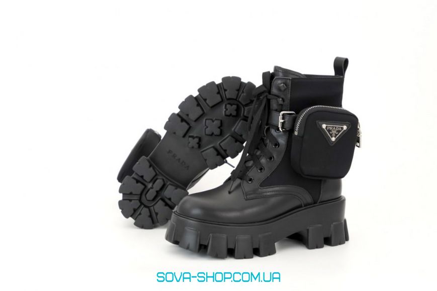 Зимові жіночі ботинки (Натуральна шкіра) З ХУТРОМ! PRADA Milano Monolith Black Premium фото