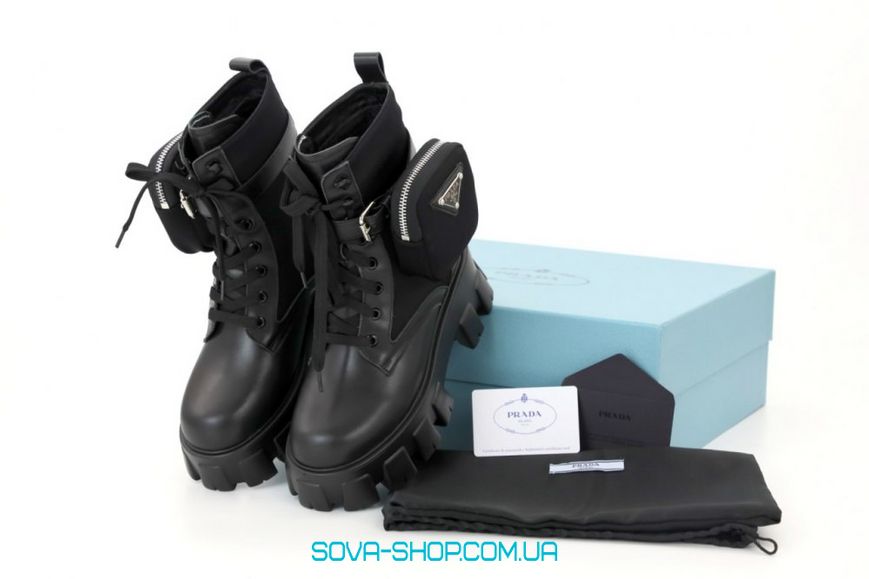 Зимові жіночі ботинки (Натуральна шкіра) З ХУТРОМ! PRADA Milano Monolith Black Premium фото