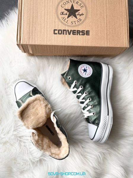 Женские высокие зимние кеды с мехом All Star High Green Fur фото