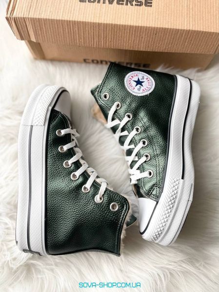 Женские высокие зимние кеды с мехом All Star High Green Fur фото