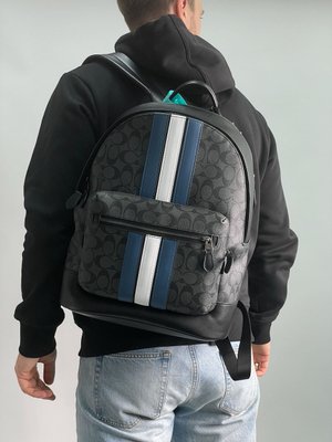 Мужской рюкзак Coach West Backpack In Signature Canvas With Varsity Stripe Premium фото