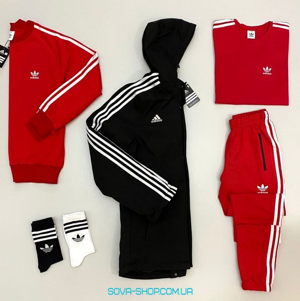 Чоловічий набір 6 в 1 Adidas: куртка-світшот-штани-футболка + носки 2 пари В ПОДАРУНОК! Adidas чорно-червоний фото