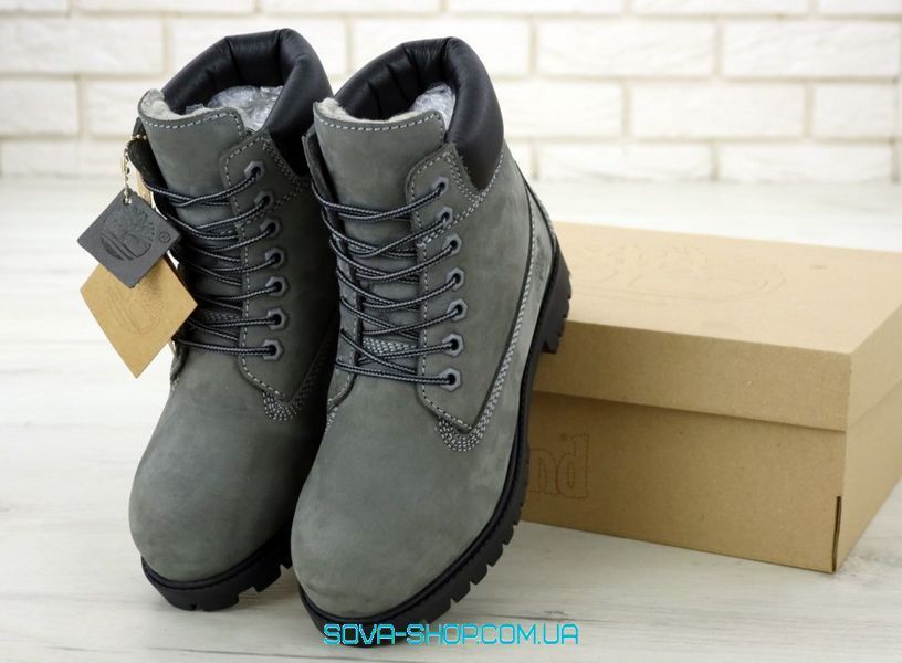 Зимові чоловічі та жіночі ботинки (Вовняне хутро) Timberland CLASSIC PREMIUM NUBUCK WATERPROOF GREY/BLACK фото