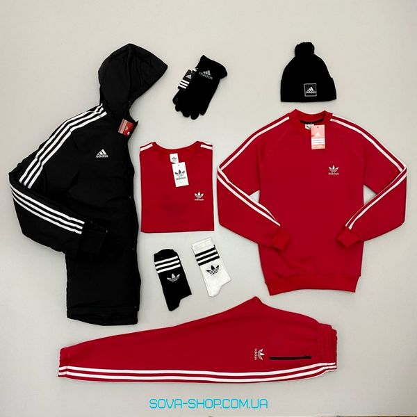 Чоловічий набір 8 в 1 ЗИМА: куртка-світшот-штани-футболка-шапка-перчатки-носки 2 пари Adidas чорний и червоний фото