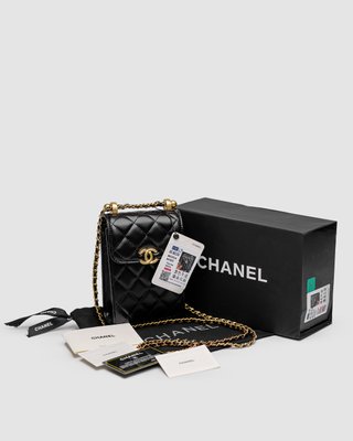 Жіноча сумка Chanel Pearl Crush Phone Case With Chain Lambskin Black Premium фото