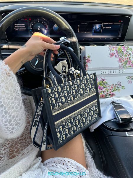 Женская сумка Christian Dior Medium Book Tote Bag in Blue Dior Oblique Embroidered Canvas Premium фото