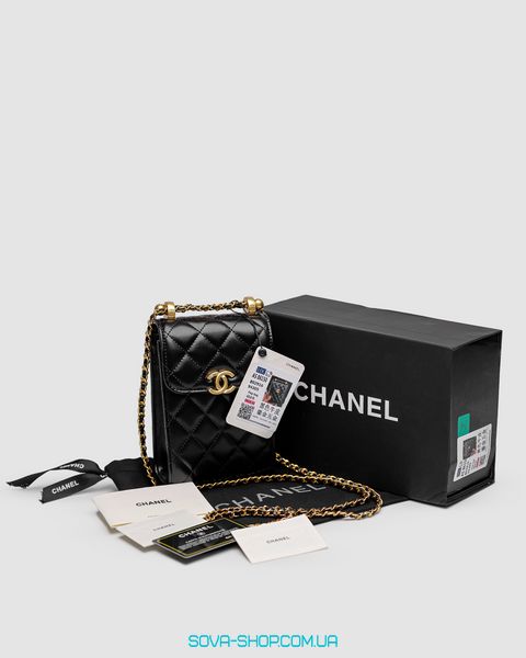 Женская сумка Chanel Pearl Crush Phone Case With Chain Lambskin Black Premium фото