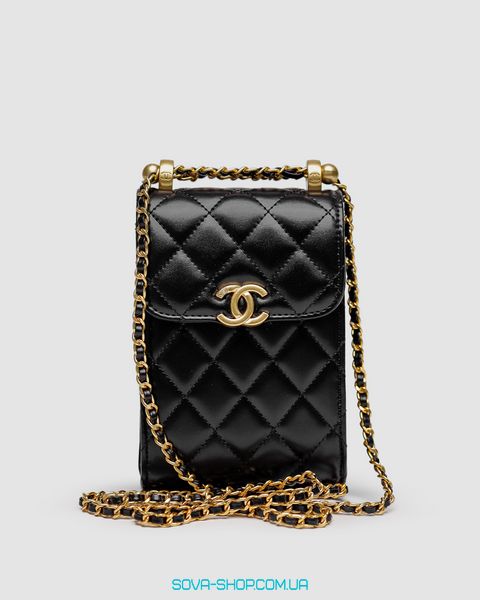 Жіноча сумка Chanel Pearl Crush Phone Case With Chain Lambskin Black Premium фото