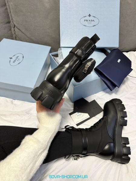 Зимові жіночі ботинки (Натуральна шкіра) З ХУТРОМ! PRADA Boots Zip Pocket Black Premium фото