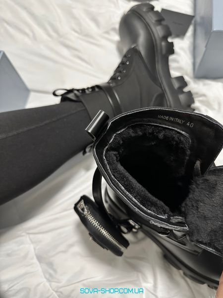 Зимові жіночі ботинки (Натуральна шкіра) З ХУТРОМ! PRADA Boots Zip Pocket Black Premium фото
