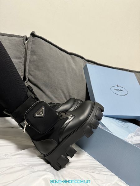 Зимові жіночі ботинки (Натуральна шкіра) З ХУТРОМ! PRADA Boots Zip Pocket Black Premium фото