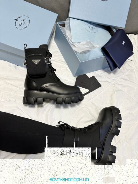 Зимові жіночі ботинки (Натуральна шкіра) З ХУТРОМ! PRADA Boots Zip Pocket Black Premium фото