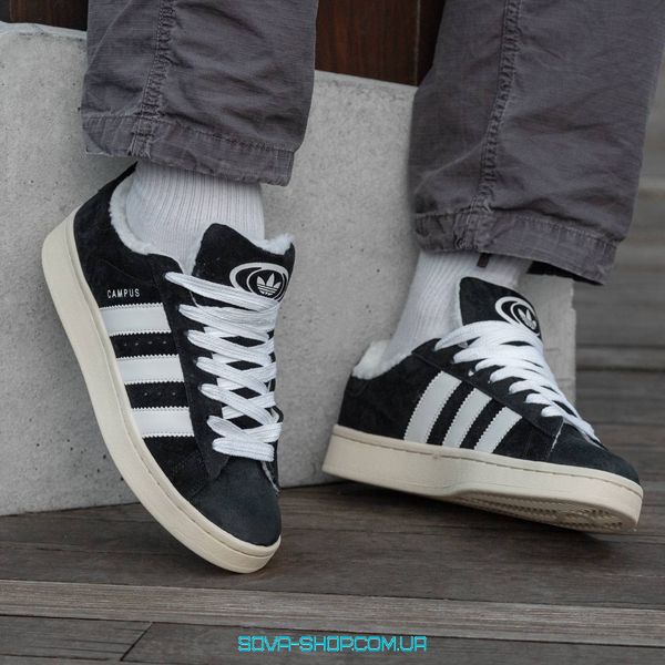 Чоловічі та жіночі зимові кросівки Adidas Campus Black White 00s з хутром фото